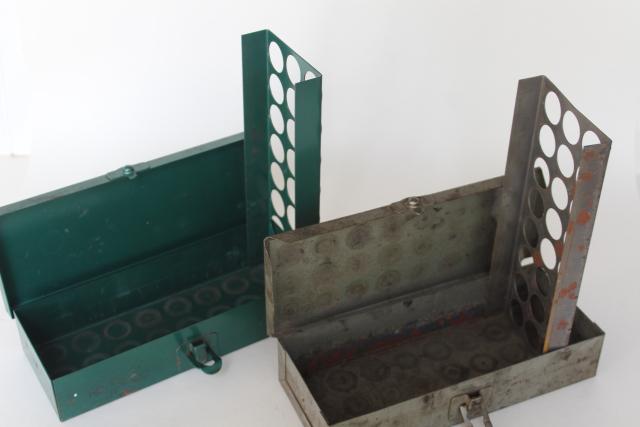 photo of vintage industrial tool boxes for small hardware, Monarch & Delavan parts storage racks #4