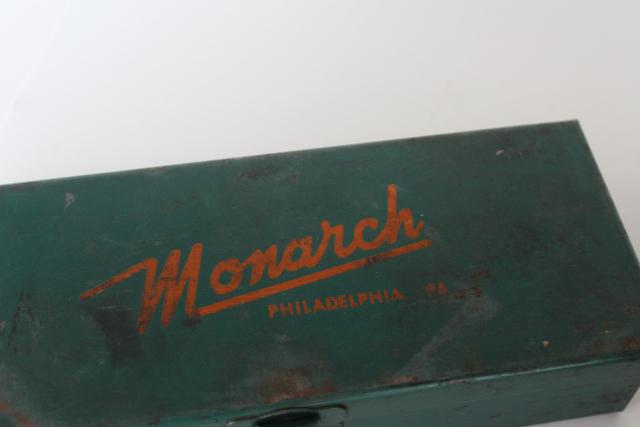 photo of vintage industrial tool boxes for small hardware, Monarch & Delavan parts storage racks #6