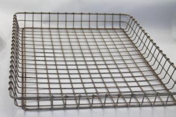 catalog photo of vintage industrial wire basket, flat bread tray shelf for metal shelves