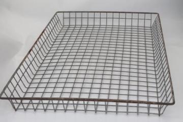 catalog photo of vintage industrial wire basket, flat bread tray shelf for metal shelves