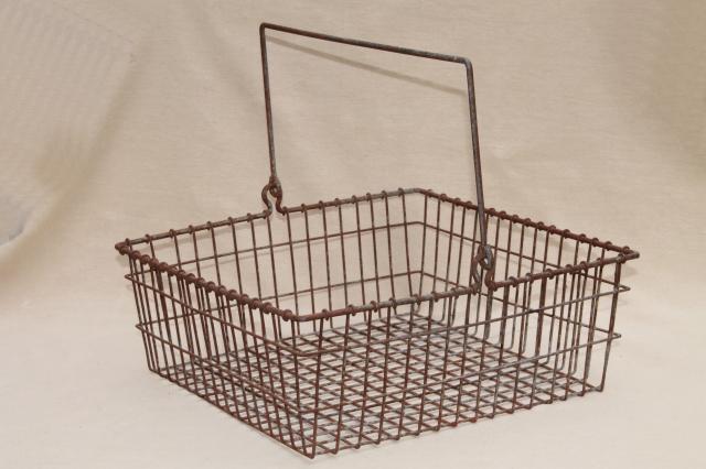 photo of vintage industrial wire basket, square metal parts bin tool box w/ handle #1
