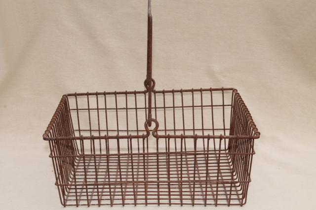 photo of vintage industrial wire basket, square metal parts bin tool box w/ handle #2