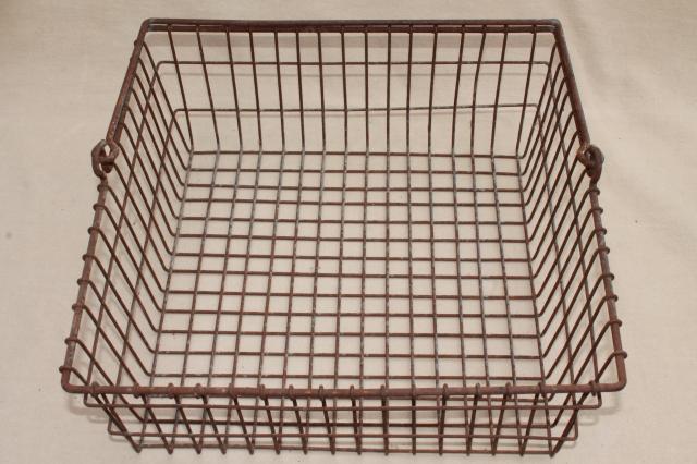 photo of vintage industrial wire basket, square metal parts bin tool box w/ handle #5