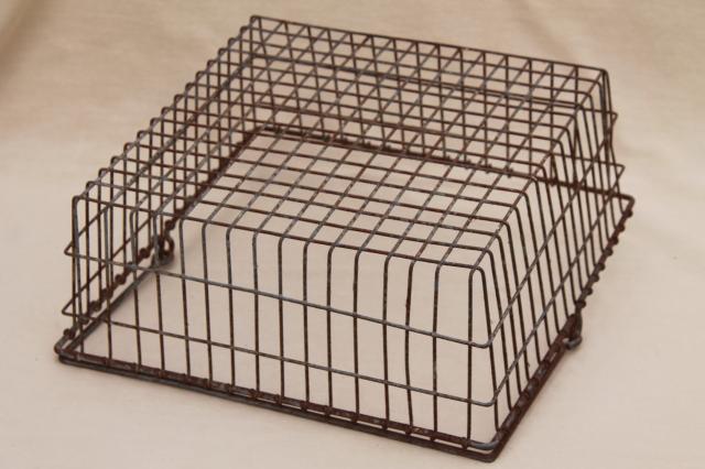 photo of vintage industrial wire basket, square metal parts bin tool box w/ handle #6