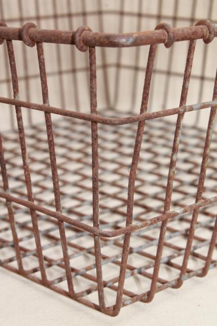 photo of vintage industrial wire basket, square metal parts bin tool box w/ handle #7