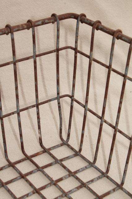 photo of vintage industrial wire basket, square metal parts bin tool box w/ handle #8