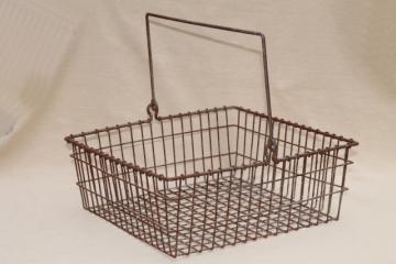 catalog photo of vintage industrial wire basket, square metal parts bin tool box w/ handle