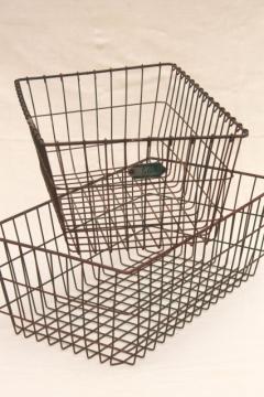 catalog photo of vintage industrial wire baskets, storage bins w/ numbered locker basket tag