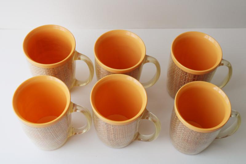 photo of vintage insulated plastic mugs, melon orange w/ burlap mid-century mod raffiaware #2