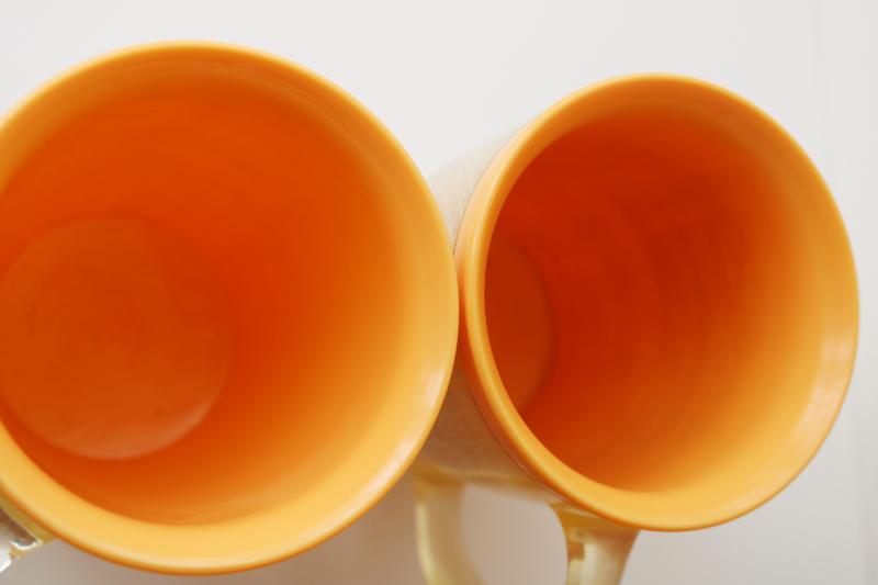 photo of vintage insulated plastic mugs, melon orange w/ burlap mid-century mod raffiaware #3