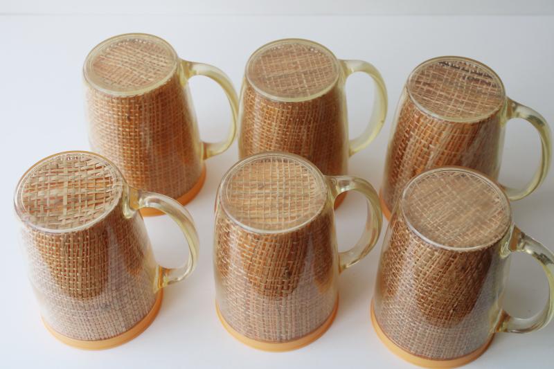 photo of vintage insulated plastic mugs, melon orange w/ burlap mid-century mod raffiaware #5