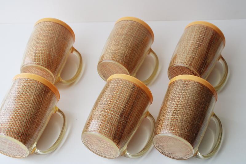 photo of vintage insulated plastic mugs, melon orange w/ burlap mid-century mod raffiaware #6