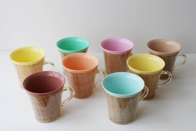 photo of vintage insulated plastic mugs, retro pastel colors w/ burlap mid-century mod raffiaware #1