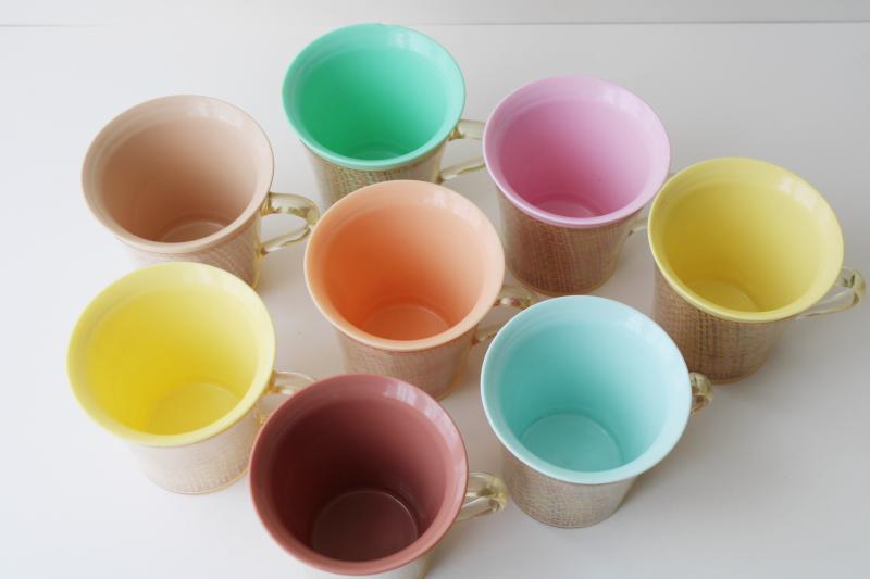 photo of vintage insulated plastic mugs, retro pastel colors w/ burlap mid-century mod raffiaware #2