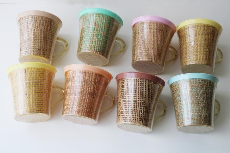 photo of vintage insulated plastic mugs, retro pastel colors w/ burlap mid-century mod raffiaware #3