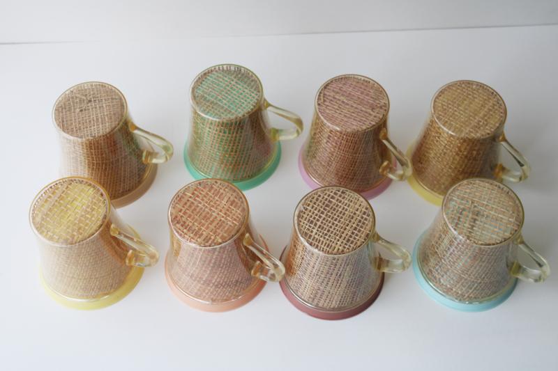 photo of vintage insulated plastic mugs, retro pastel colors w/ burlap mid-century mod raffiaware #4