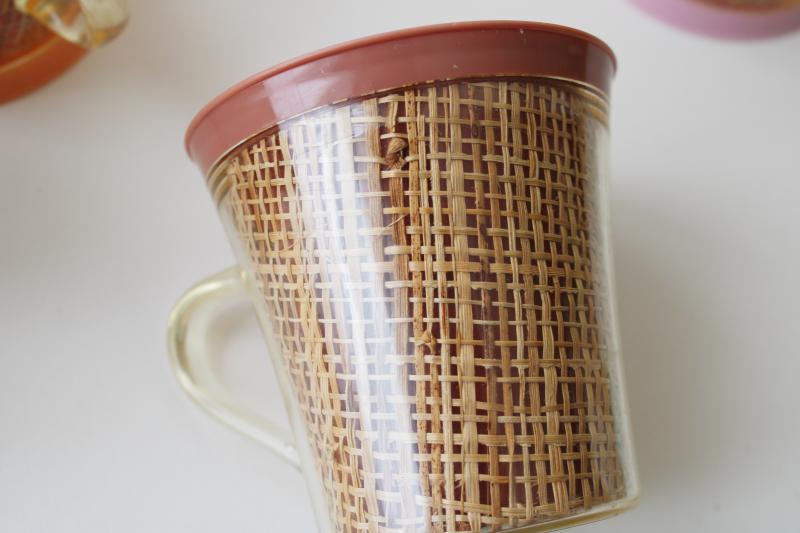 photo of vintage insulated plastic mugs, retro pastel colors w/ burlap mid-century mod raffiaware #8