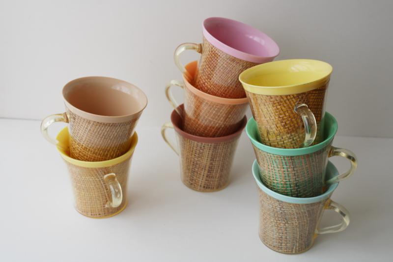 photo of vintage insulated plastic mugs, retro pastel colors w/ burlap mid-century mod raffiaware #9