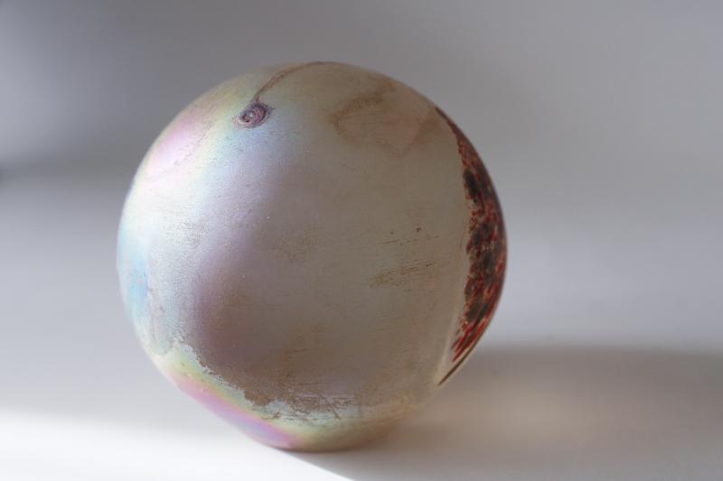 photo of vintage iridescent art glass paperweight, rainbow oil slick colored glass #2