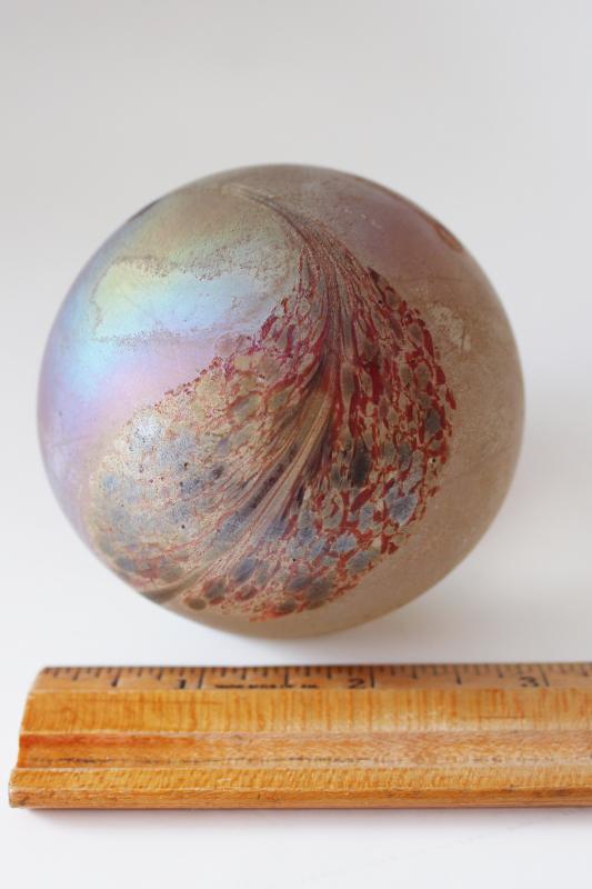 photo of vintage iridescent art glass paperweight, rainbow oil slick colored glass #5