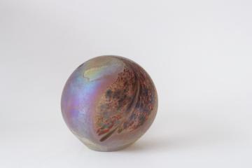 catalog photo of vintage iridescent art glass paperweight, rainbow oil slick colored glass