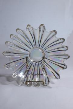 vintage iridescent luster glass flower bowl, Federal celestial white opalescent glass