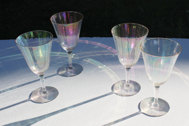 photo of vintage iridescent luster glass stemware, set of 4 water goblets or wine glasses #1
