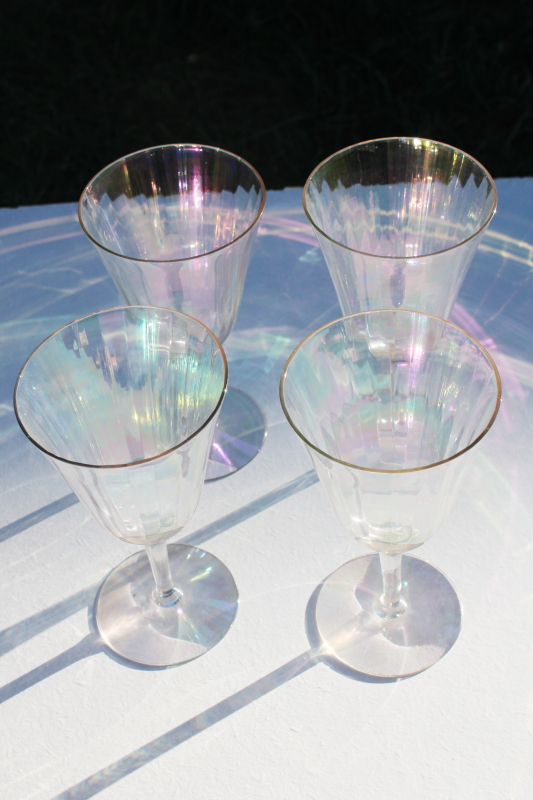 photo of vintage iridescent luster glass stemware, set of 4 water goblets or wine glasses #3