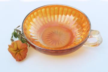 catalog photo of vintage iridescent marigold orange luster carnival glass nappy, round dish w/ handle