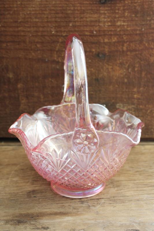 photo of vintage iridescent pink opalescent glass basket pineapple fine cut & fan pattern #1