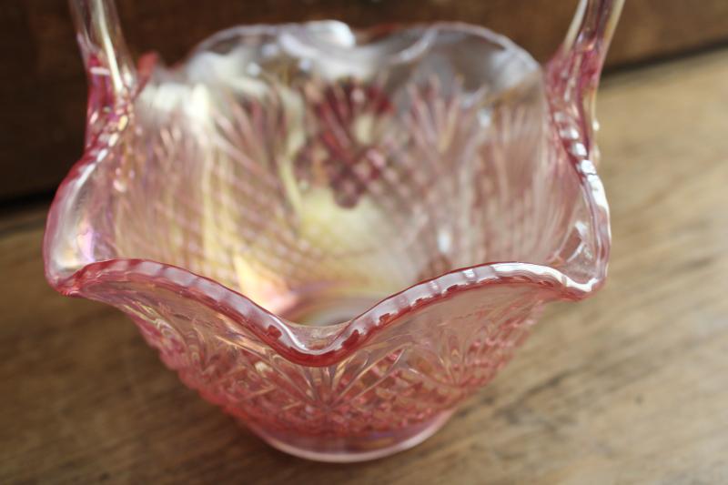 photo of vintage iridescent pink opalescent glass basket pineapple fine cut & fan pattern #3