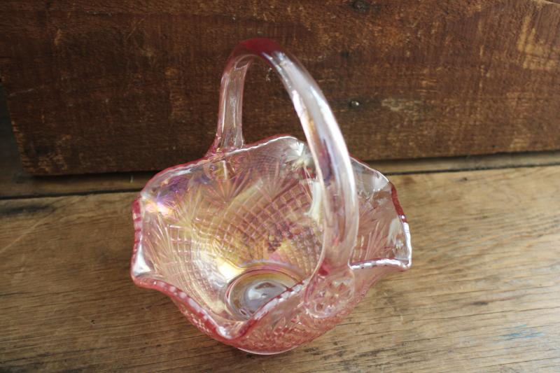 photo of vintage iridescent pink opalescent glass basket pineapple fine cut & fan pattern #5