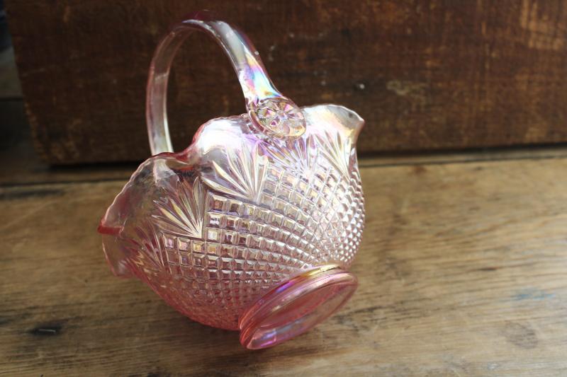 photo of vintage iridescent pink opalescent glass basket pineapple fine cut & fan pattern #6