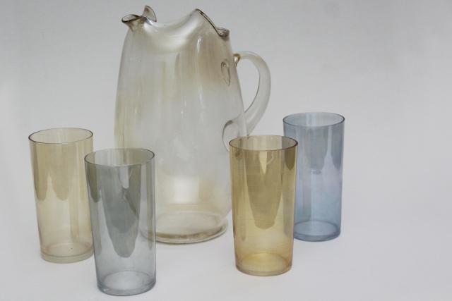 photo of vintage iridscent glass lemonade set pitcher tumblers drinking glasses w/ luster in amber & blue #1