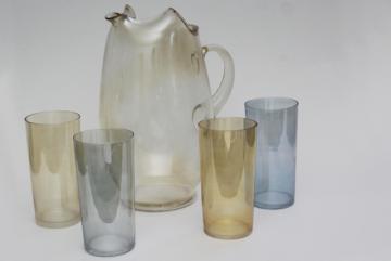 catalog photo of vintage iridscent glass lemonade set pitcher tumblers drinking glasses w/ luster in amber & blue