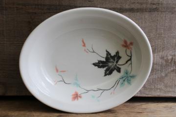 catalog photo of vintage ironstone china bowl, art deco style leaves in blush pink & mint green