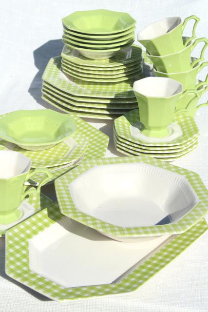 photo of vintage ironstone china dinnerware, green & white gingham checked dishes 1970s Japan #1