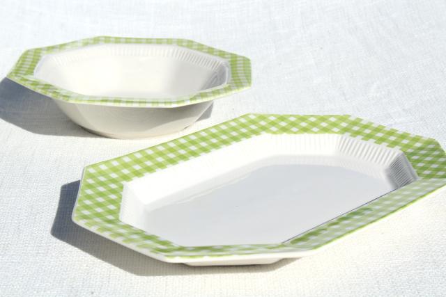 photo of vintage ironstone china dinnerware, green & white gingham checked dishes 1970s Japan #2