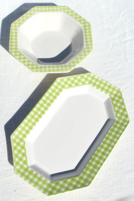 photo of vintage ironstone china dinnerware, green & white gingham checked dishes 1970s Japan #3