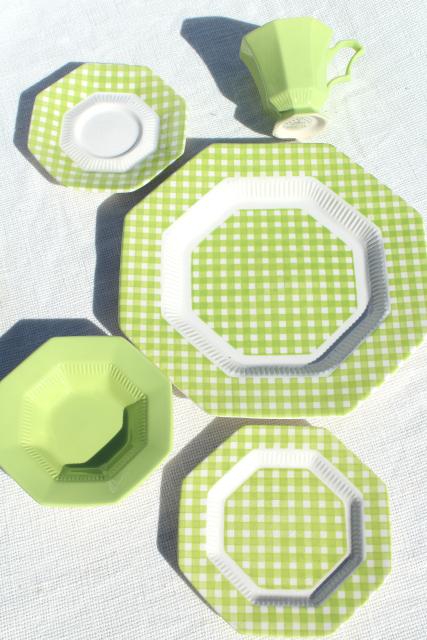 photo of vintage ironstone china dinnerware, green & white gingham checked dishes 1970s Japan #5