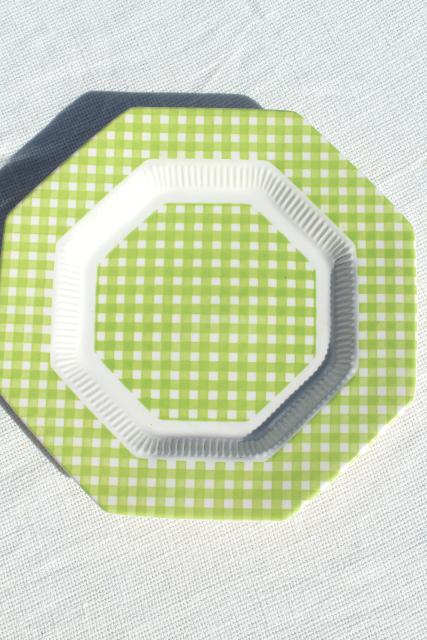 photo of vintage ironstone china dinnerware, green & white gingham checked dishes 1970s Japan #6