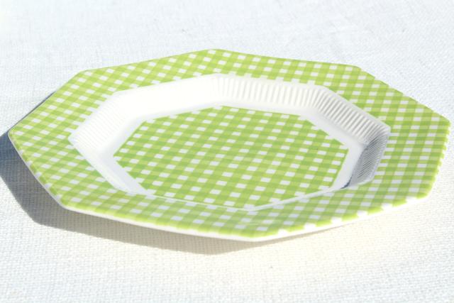 photo of vintage ironstone china dinnerware, green & white gingham checked dishes 1970s Japan #7