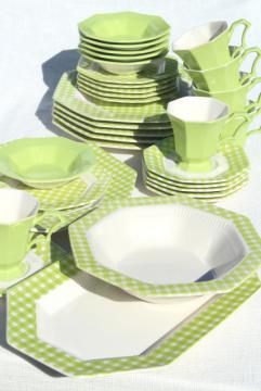 catalog photo of vintage ironstone china dinnerware, green & white gingham checked dishes 1970s Japan