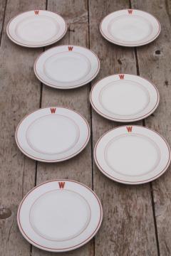 catalog photo of vintage ironstone china plates w/ W monogram letter, mid-century modern