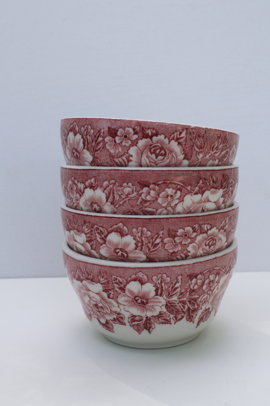 photo of vintage ironstone custard cups red transferware floral, Shenango restaurant china  #4