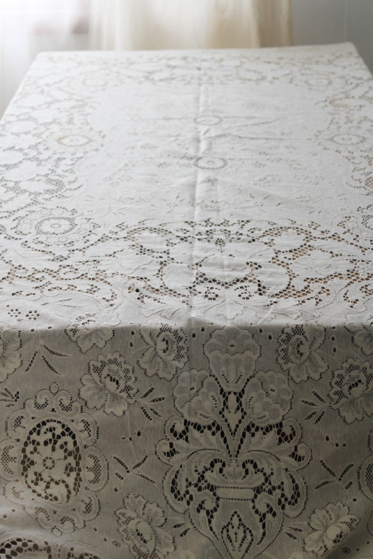 photo of vintage ivory cotton lace tablecloth 66 x 84, french country style floral shabby chic #1