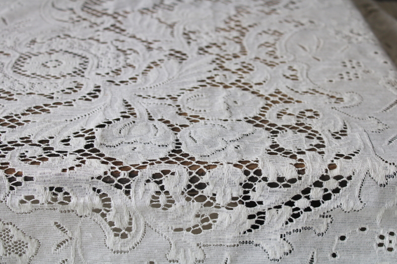 photo of vintage ivory cotton lace tablecloth 66 x 84, french country style floral shabby chic #3