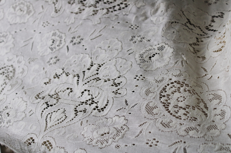 photo of vintage ivory cotton lace tablecloth 66 x 84, french country style floral shabby chic #7