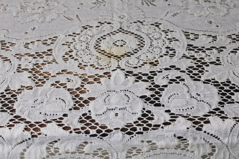 photo of vintage ivory cotton lace tablecloth 66 x 84, french country style floral shabby chic #9