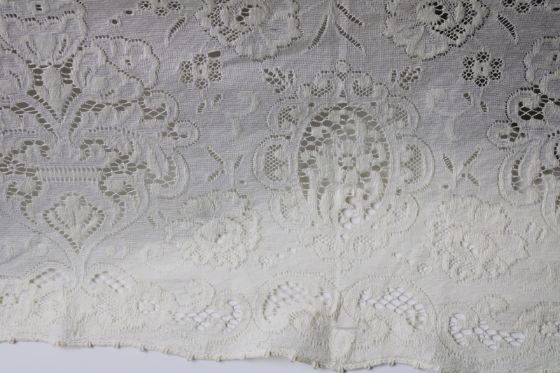 photo of vintage ivory cotton lace tablecloth 66 x 84, french country style floral shabby chic #12